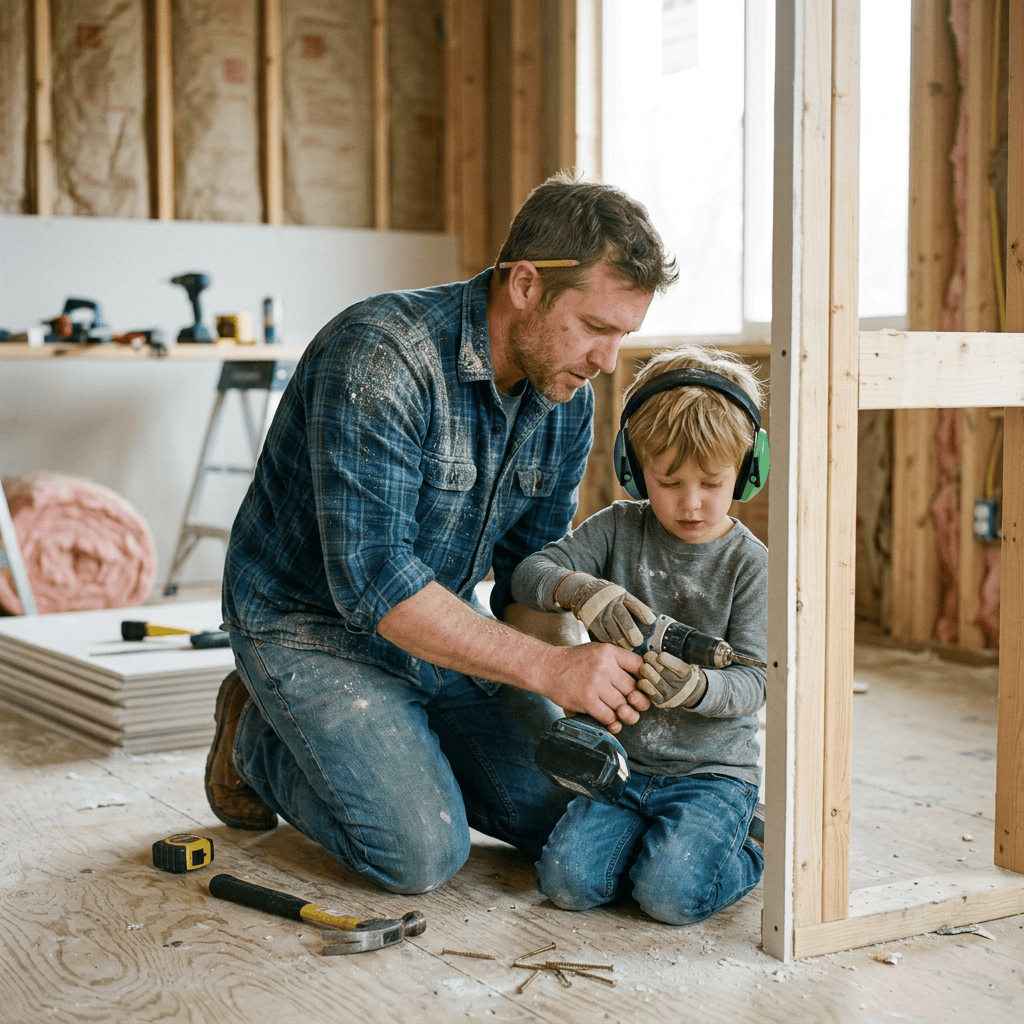 Adult male helping young boy use a power drill during construction work