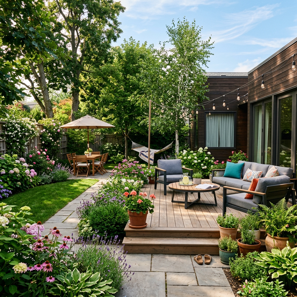 Modern illustrated well-maintained backyard summer scene